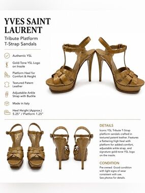 Yves Saint Laurent Metallic Bronze Patent Leather Tribute T‑Strap Platforms